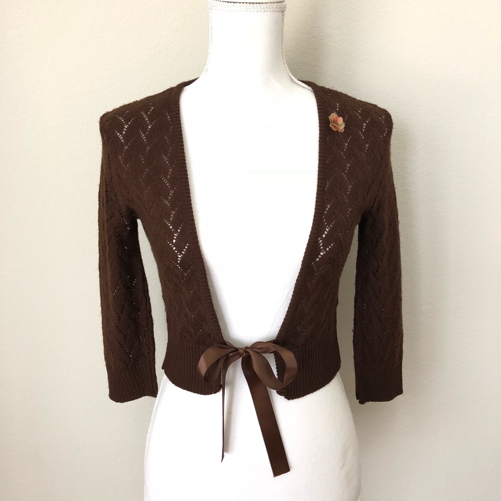 Sleeping on Snow Brown Ribbon Tie Shrug Cardigan